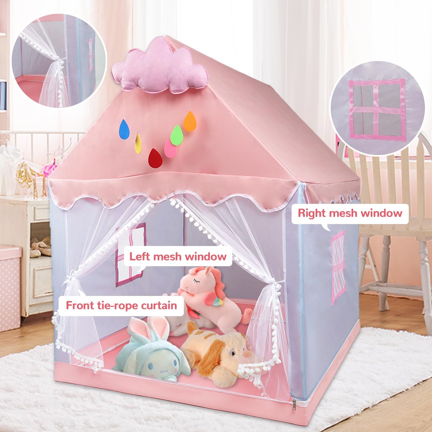 Kids Tent Play Tents For Toddler Children Indoor And Outdoor Large Pink Girls Princess Playhouse Castle With Windows Clouds And