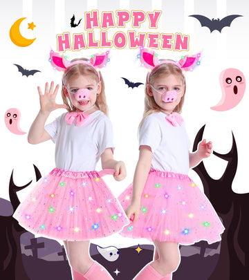 Teuevayl Pig Costume for Girls, Kids Pink Pig Costume with LED Light Up Tutu Skirt, Halloween Costumes for Girl Kid Age 3 4 5 6