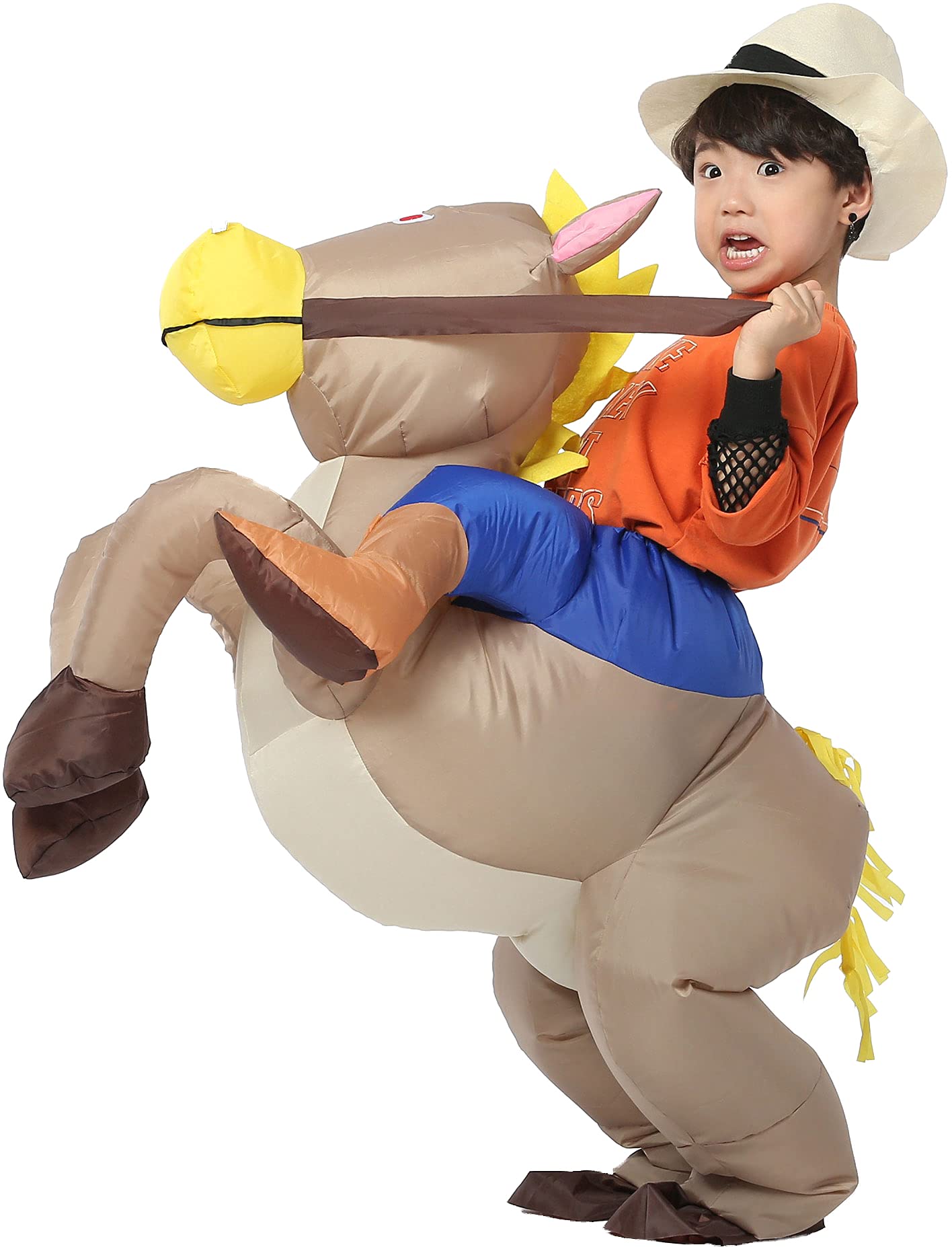 JYZCOS Inflatable Cowboy Costume for Kids Western Horse Rider Fancy Dress Halloween Party Suit (Brown Kid)