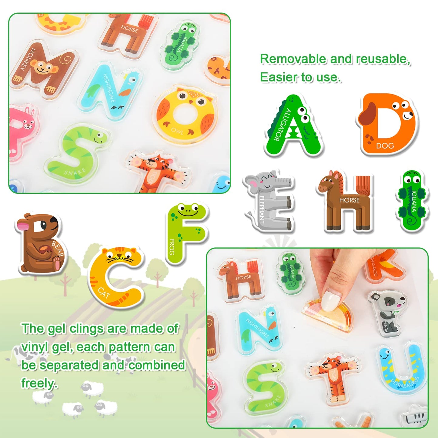 Whaline 52Pcs Alphabet Gel Clings - Colorful Animal ABC Window Decals for Educational Learning & Nursery Decor