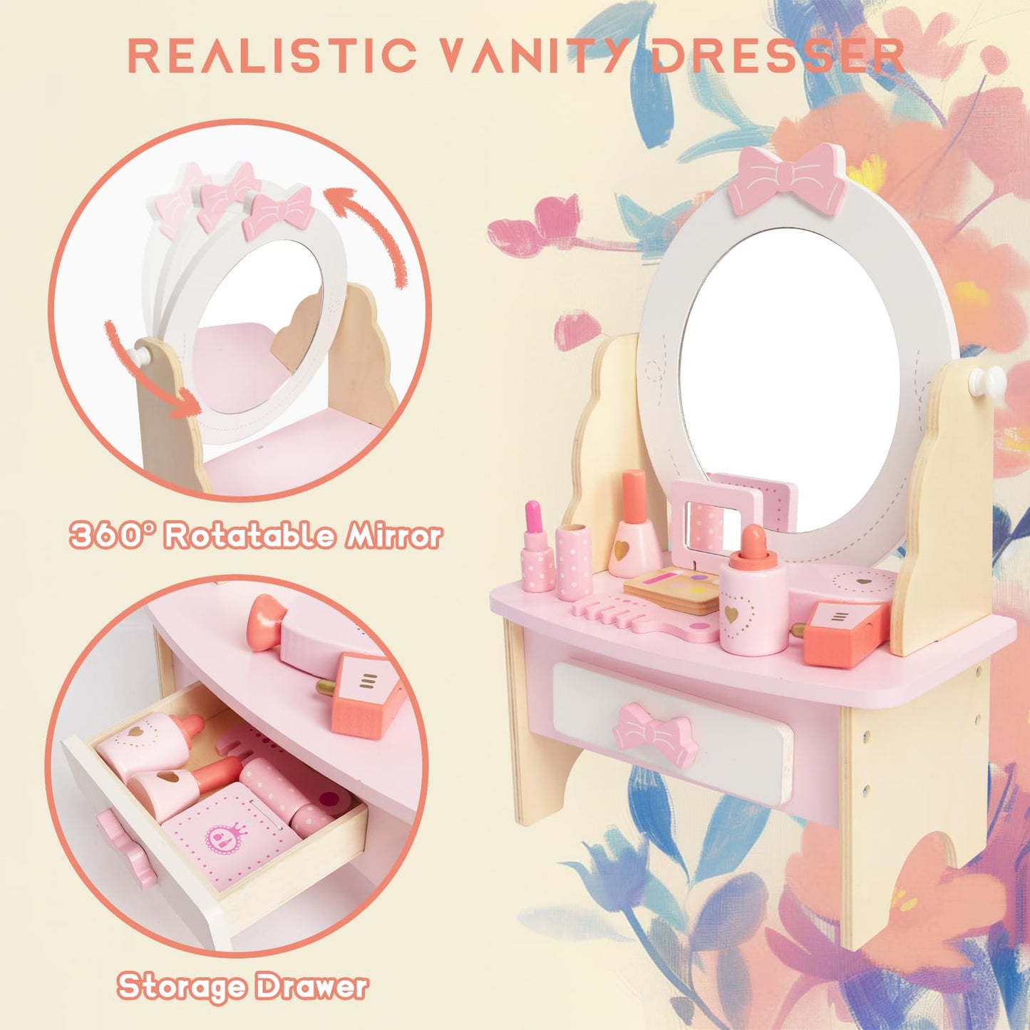 Wooden Vanity Set For Kids, Pretend Play Toddler Makeup Vanity Table Toys With 360 Rotatable Mirror, Beauty Salon Set Includes M
