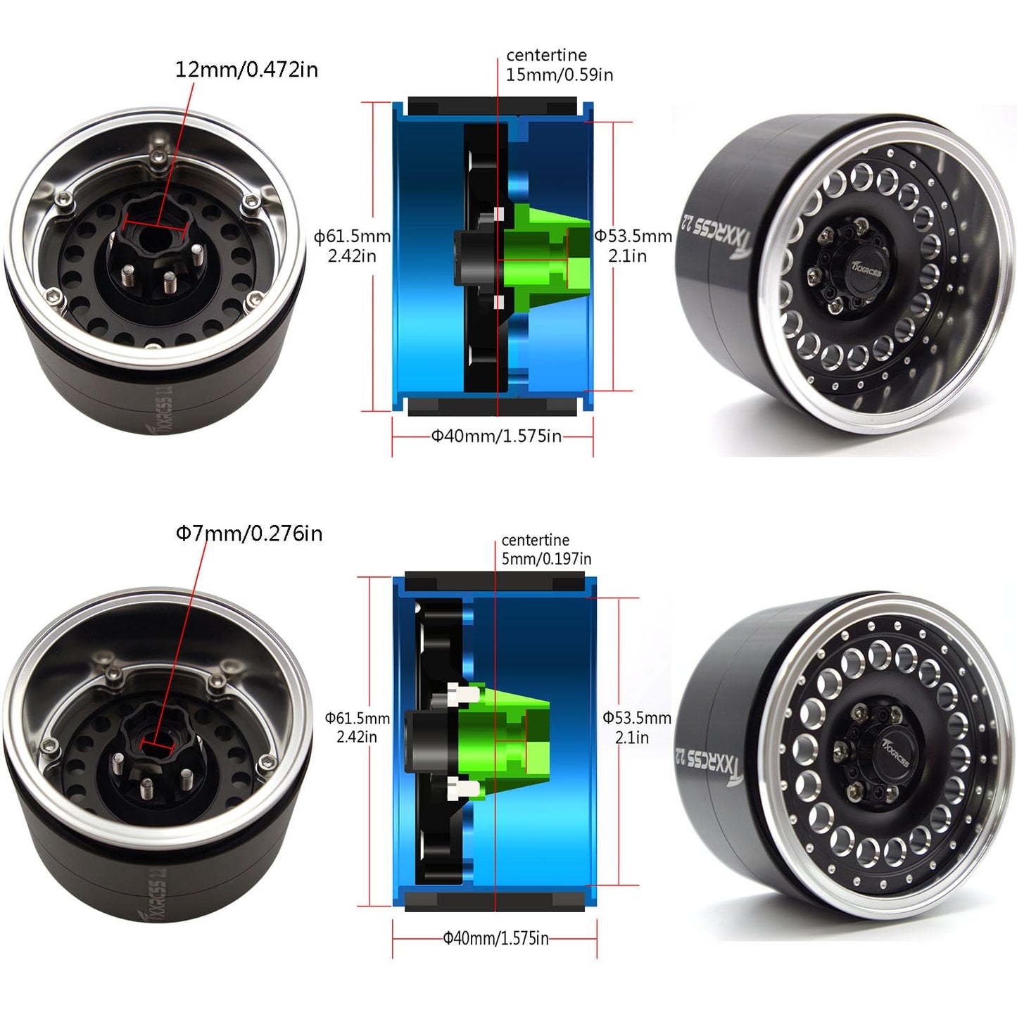 Txxrcss Adjustable 2 Offsets RC 2.2 Beadlock Wheels Rims Hub 1/10 Crawle Car Wheel Aluminum Upgrades for Remote Control SCX10 Ca