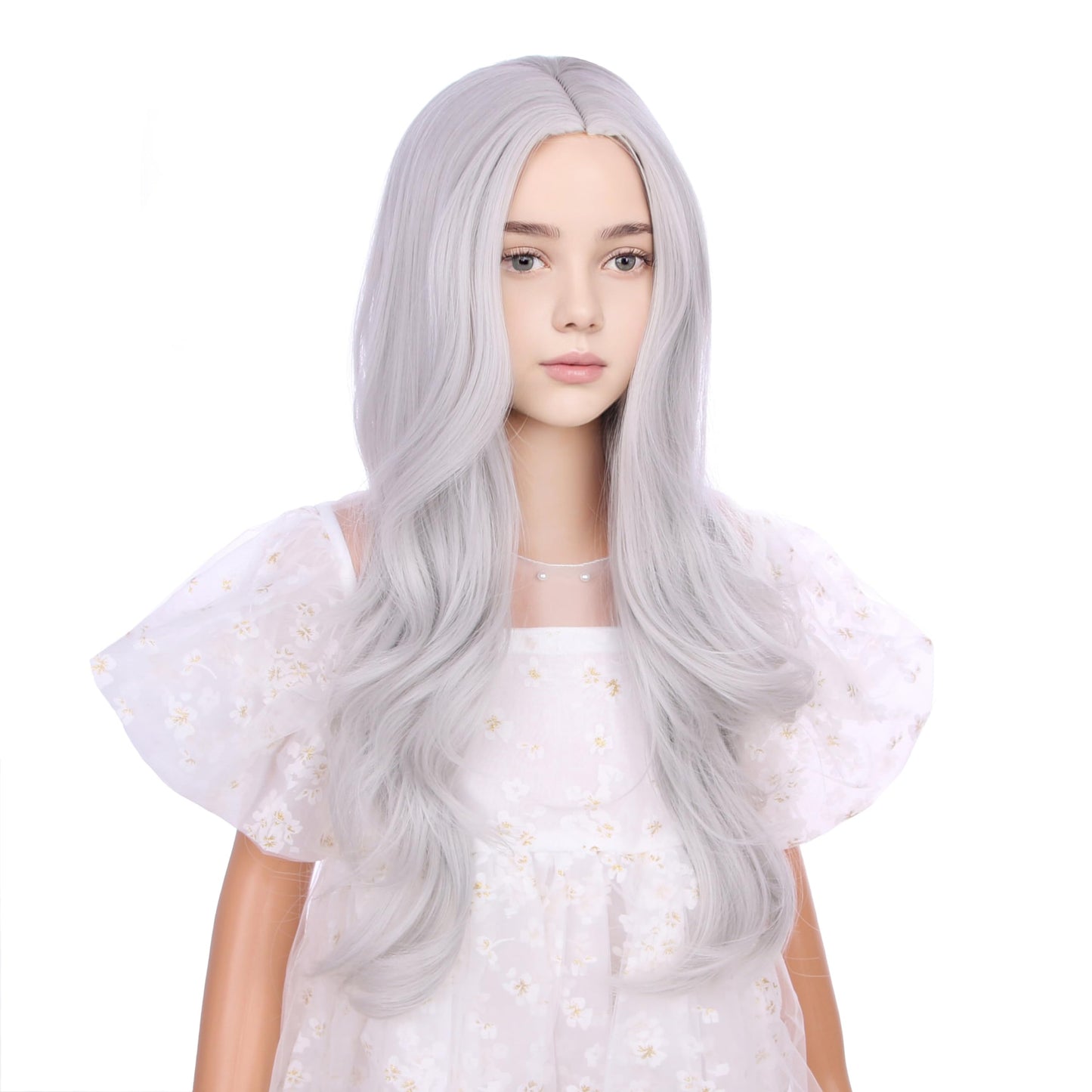 Duduwig Girls Silver Gray Wig Child Long Silver Grey Middle Part Wig Kids Long Silver Gray Wavy Curly Wig Heat Resistant Synthet