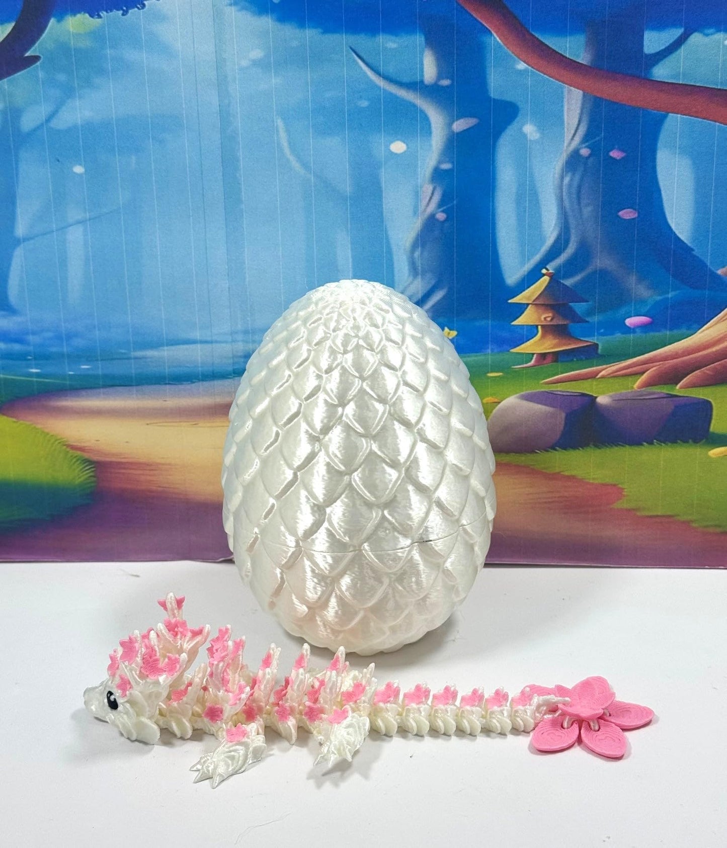 3D Printed Dragon With Egg, Articulated 6'' Pink And White Cherry Blossom Baby Dragon, Fidget Adhd Autism Toy Bd004-Wht