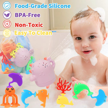 Baby Bath Toys, 13 Pcs Silicone Mold Free Bath Toys With A Storage Bag, Squeezable Dinosaurs Bathtub Toys, No Hole Sensory Ocean