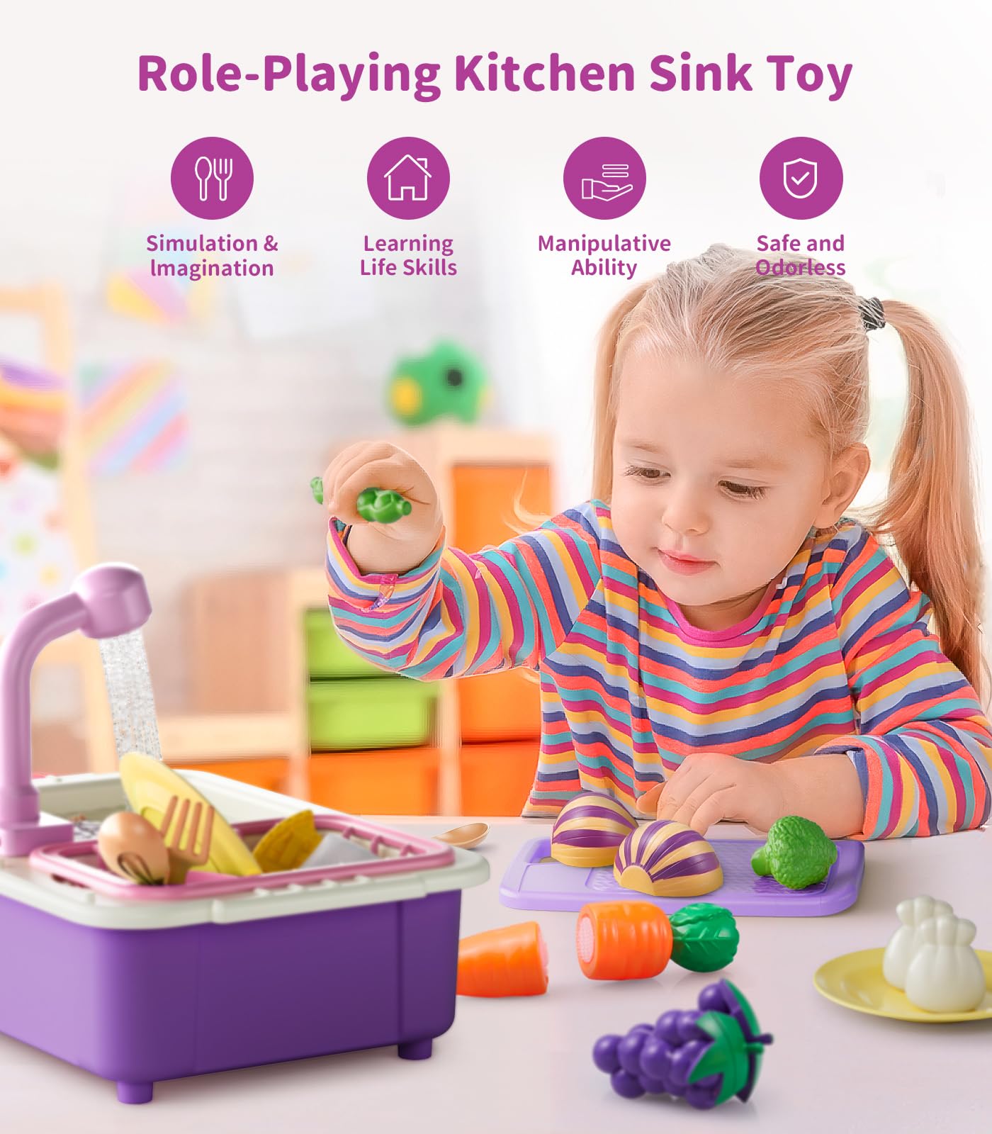 Geyiie Kitchen Sink Toy for Toddlers, Play Sink with Running Water, Upgraded Real Faucet, Dish Rack & Play Cutting Food, Kids Ki