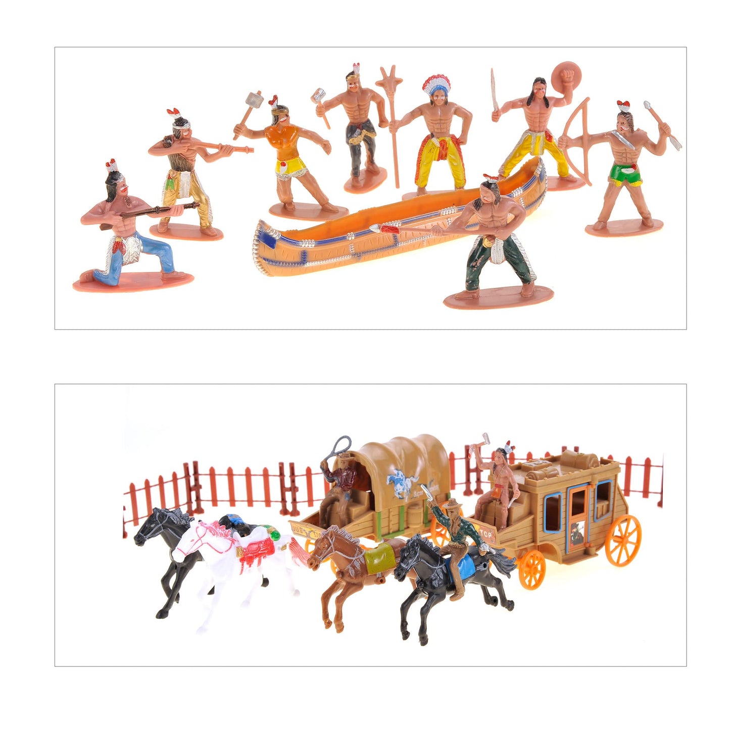 PowerTRC 58 Pcs Wild West Cowboys and Indians Plastic Figures Toys Play Set, Toy Figure Action Soldiers and Native American Acce