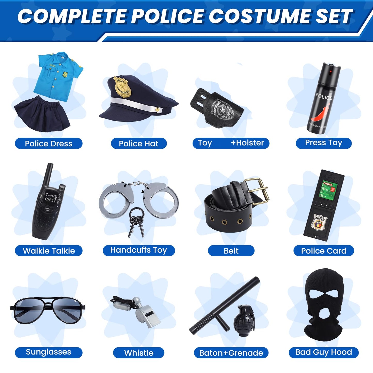 Skirfy 15PCS Police Officer Costumes for Girls,Police Costume for Kids Girls,Uniform with Toys for Cosplay Dress Up Halloween Pa