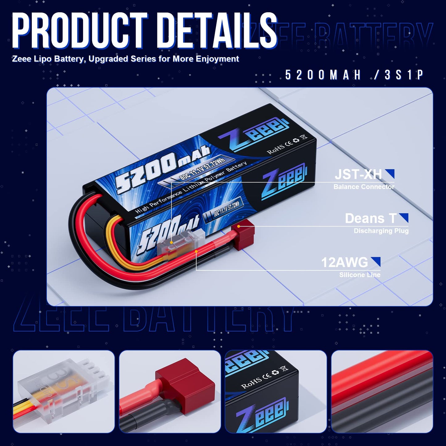 Zeee 3S Lipo Battery 5200mAh 11.1V 80C RC Battery Hard Case with Deans Connector for RC Car Boat Truck Helicopter Airplane Racin