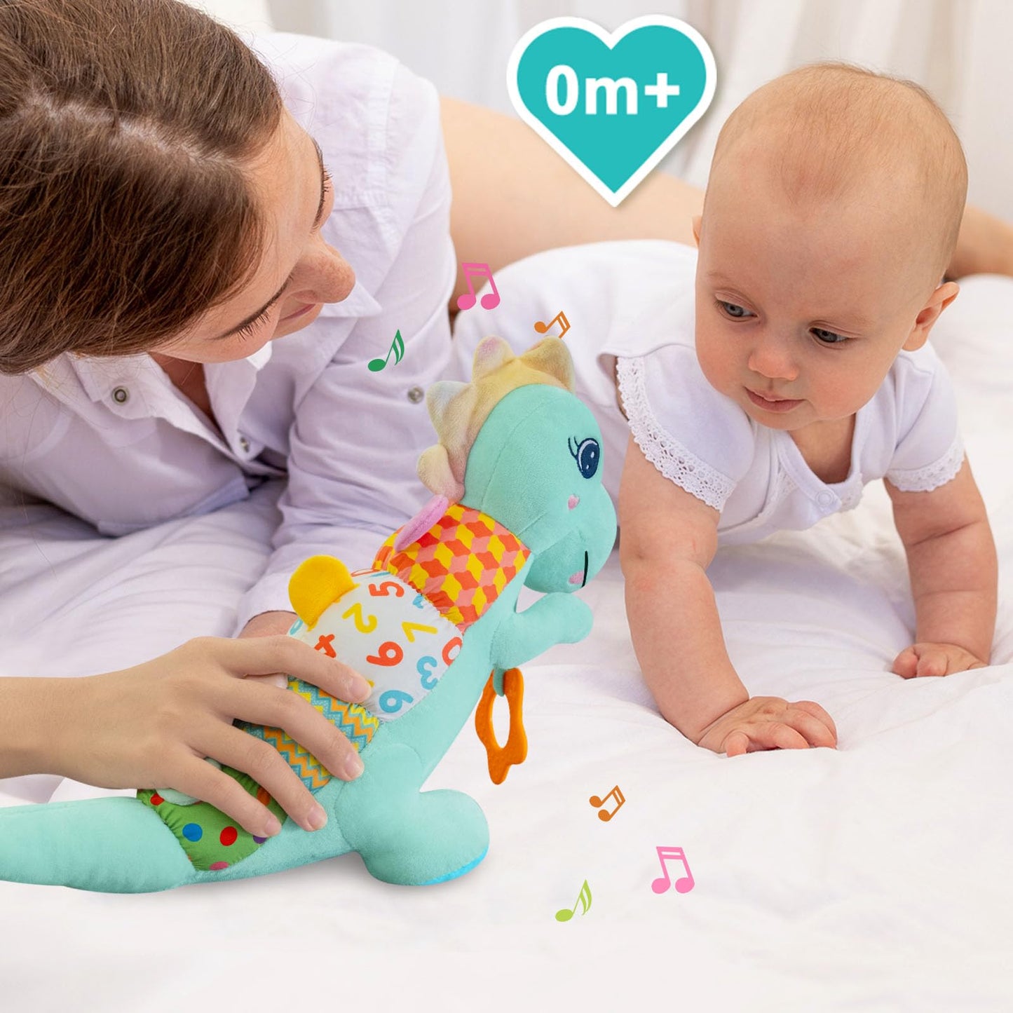 Baby Dino Plush Soft Stuffed Animal Toy For 0-3-6-12+ Months,Infant Musical Toy With Rattle,Squeaker,Sensory Crinkle,Teether & T