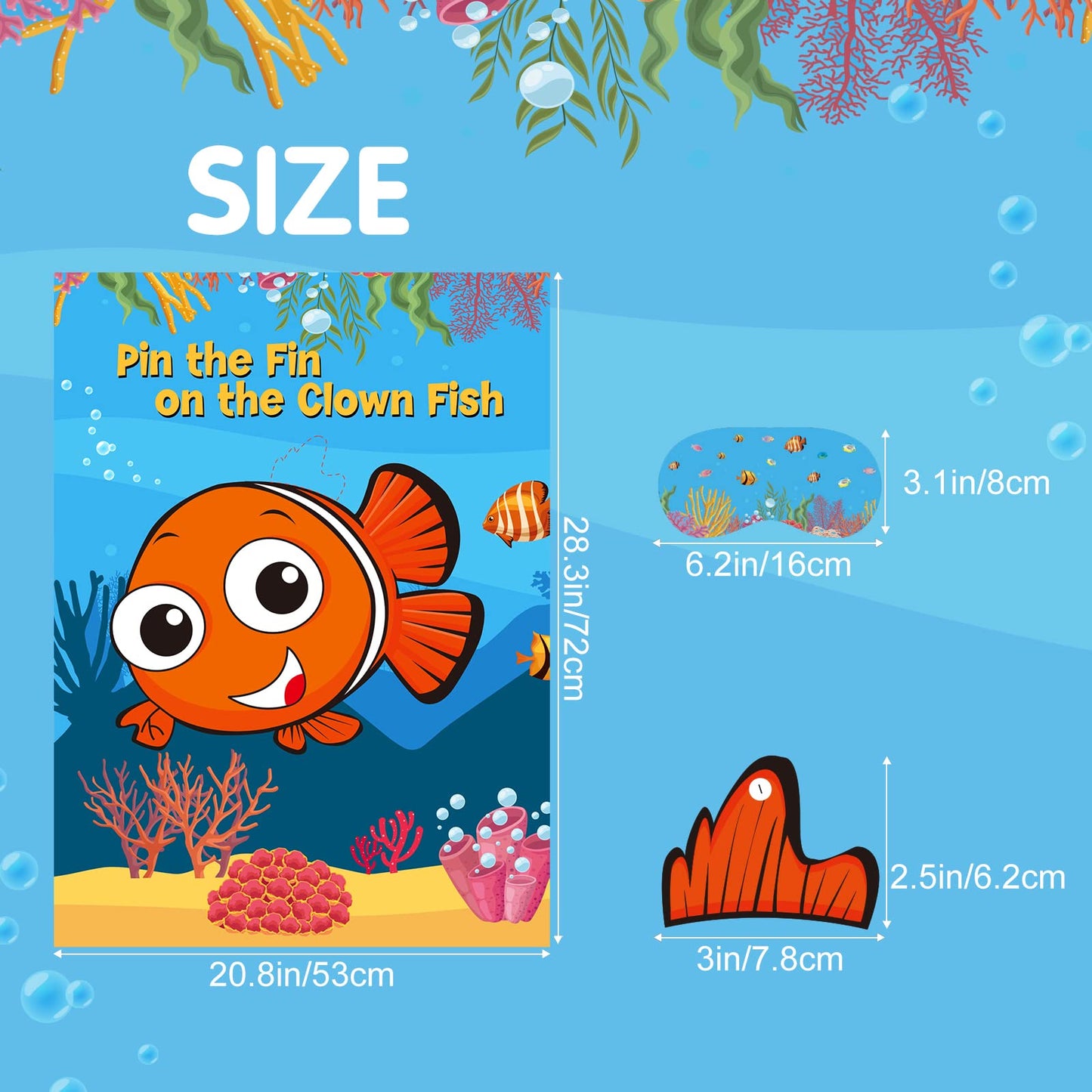 Neburora 2 Pack Pin The Fin On The Clownfish Party Game 2 Large 21''X 28'' Posters With 48Pcs Stickers Ocean-Themed Birthday Par