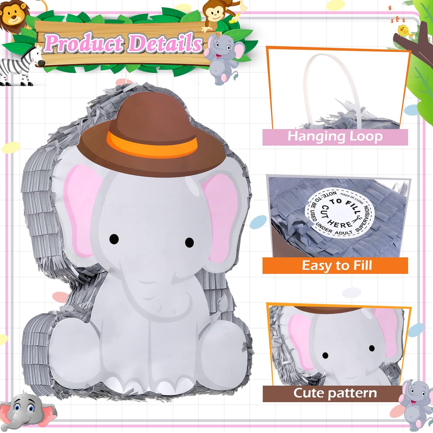 Piñata Bundle With A Blindfold And Bat (16 X 12 X 3 Inches), Cute Animal Piñata For Girls Boys Kids Birthday Party Toys Decoration For Animal Theme Birthday Party Game Supplies Photo Prop(Elephant)