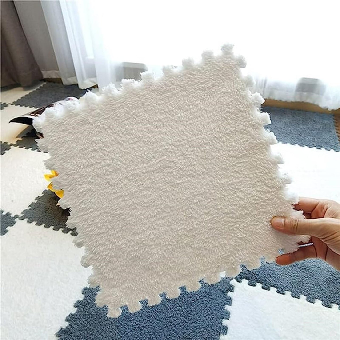 Typutomi 12Pcs Plush Puzzle Foam Floor Mat, Cute Soft Fluffy Interlocking Square Foam Tiles Area Rugs Carpet For Parlor Bedroom