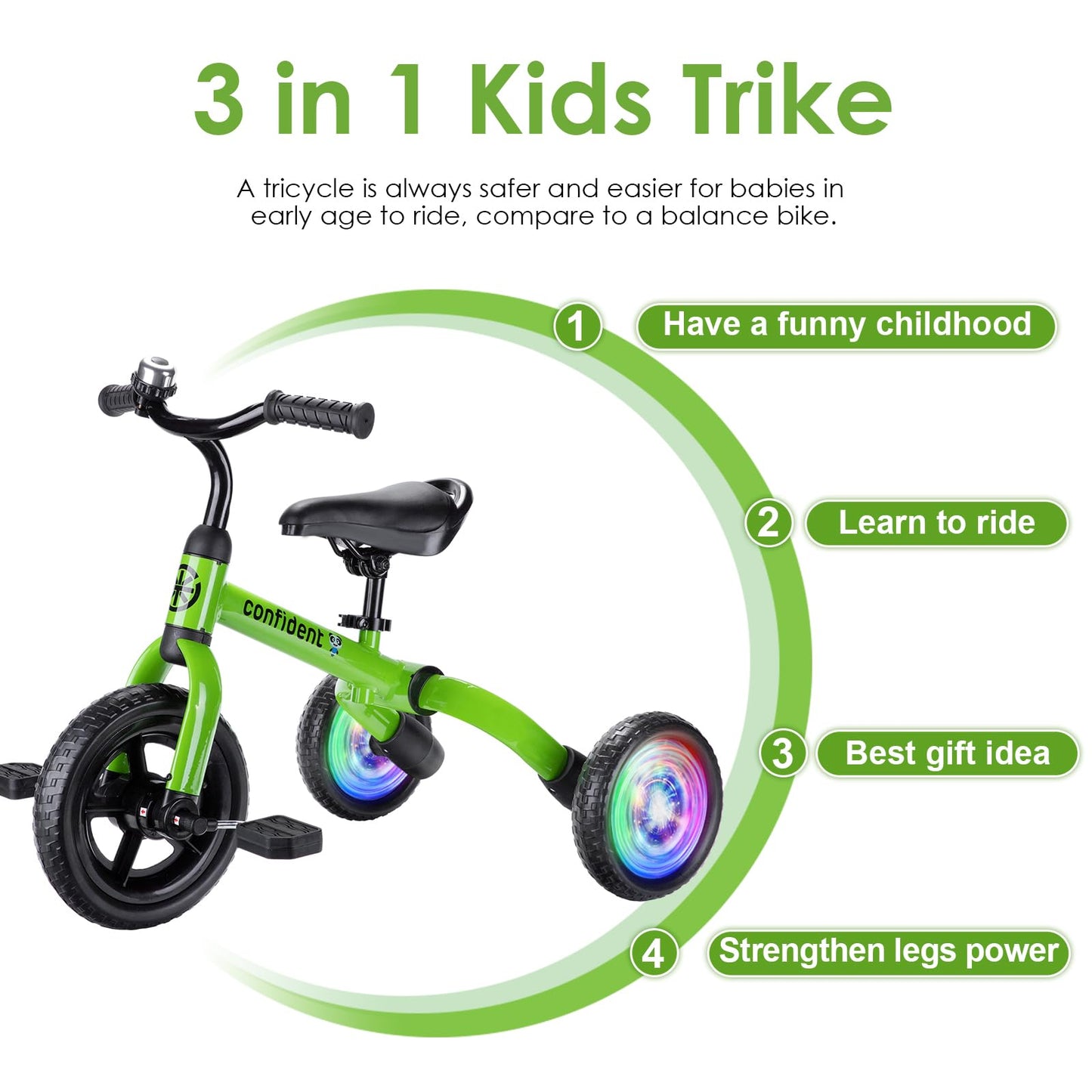 Ygjt 3 In 1 Lighting Tricycle For Toddlers Age 2-5 Years Old, Folding Kids Balance Bike With Adjustable Seat And Removable Pedal