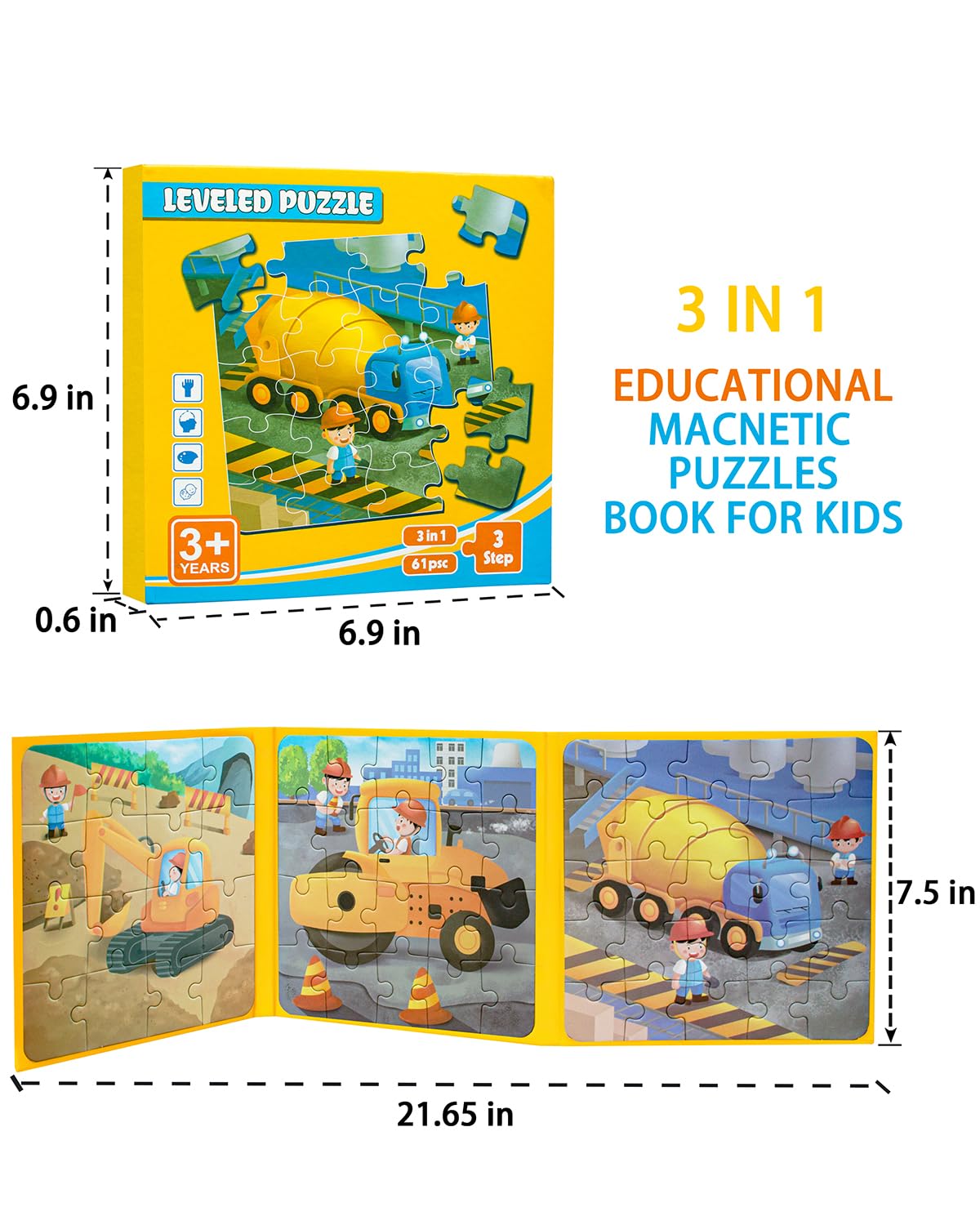 Magnetic Puzzles For Toddlers 3-5, 3 In 1 Travel Puzzles For Kids Ages 4-6, Excavator Truck Jigsaw Puzzle Book Road Trip Activit