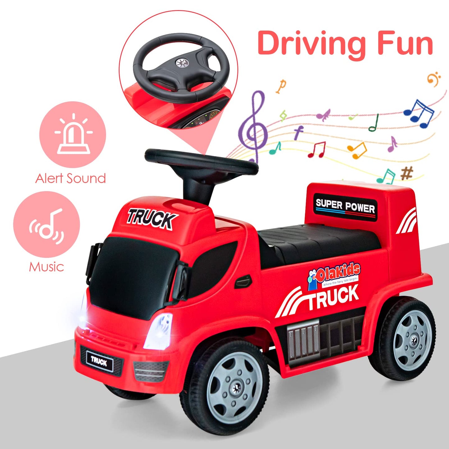 Olakids Kids Ride On Push Car, 2 In 1 Foot-To-Floor Sliding Truck With Detachable Trailer, Steering Wheel, Headlights, Music, Alarm Sound, Toy Walker Gift For Toddlers Age 1.5-3 Boys Girls (Red)