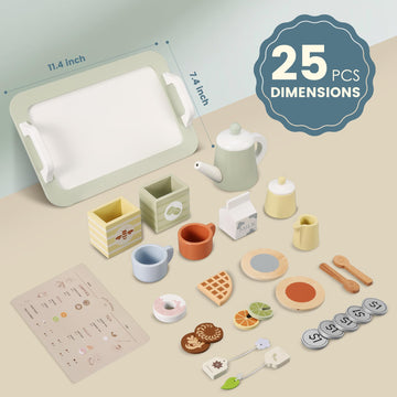 Wooden Tea Party Set for Little Girls, Play Tea Set for Kids Toddlers, Pretend Play Kitchen Toy Gift for 1 2 3 4 5 Years Old