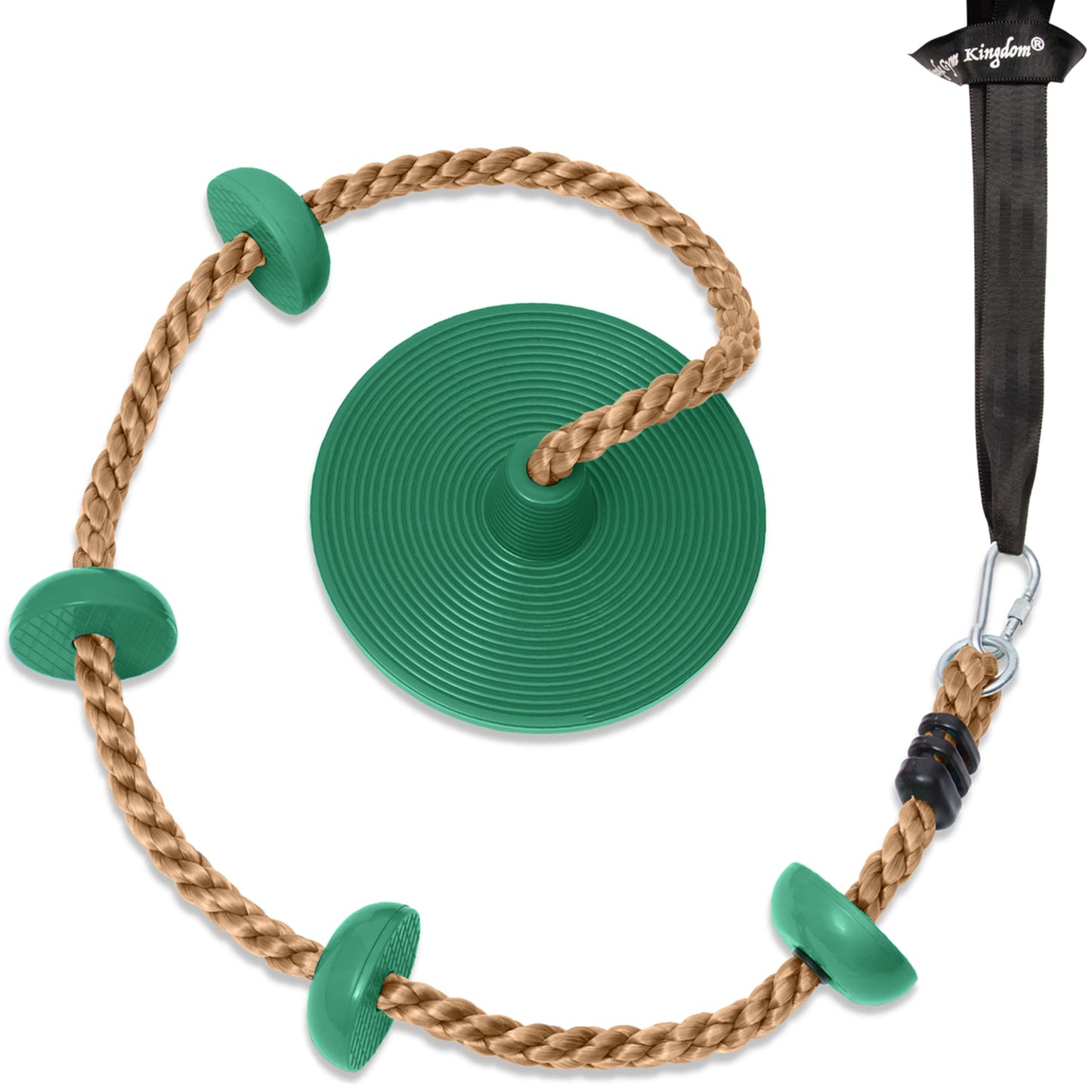 Jungle Gym Kingdom Tree Swing For Kids - Single Disc Seat And Brown Climbing Rope Set W/ Carabiner And 4 Foot Strap - Treehouse