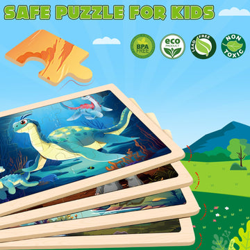 Wooden Dinosaurs Puzzles For Kids Age 3 4 5 Year Old, 4 Pack 24 Pcs Montessori Toddler Jigsaw Puzzles For Girl Boy Activities Pr