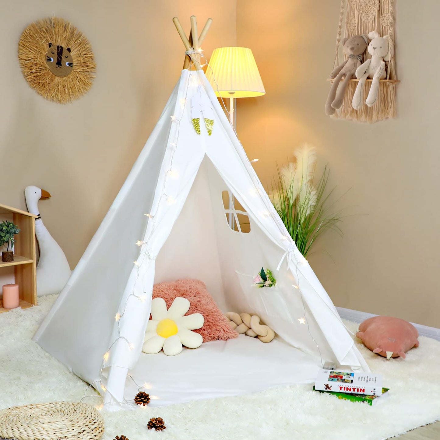 Wilhunter Kids Teepee Tent With Bottom Cloth, Paper Feathers & Flags, Gift For Boys & Girls, Toys For Toddler, Playhouse For Indoor Decor Party Games