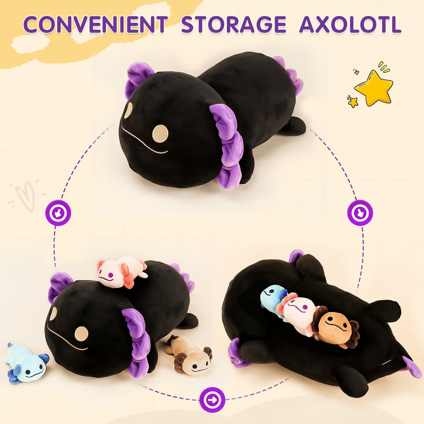 Toys For Girls Ages 3 4 5 6 7 8+ Years -16'' Black Axolotl Mommy Stuffed Animal With 3 Baby Axolotl In Her Tummy, Cute Salamande