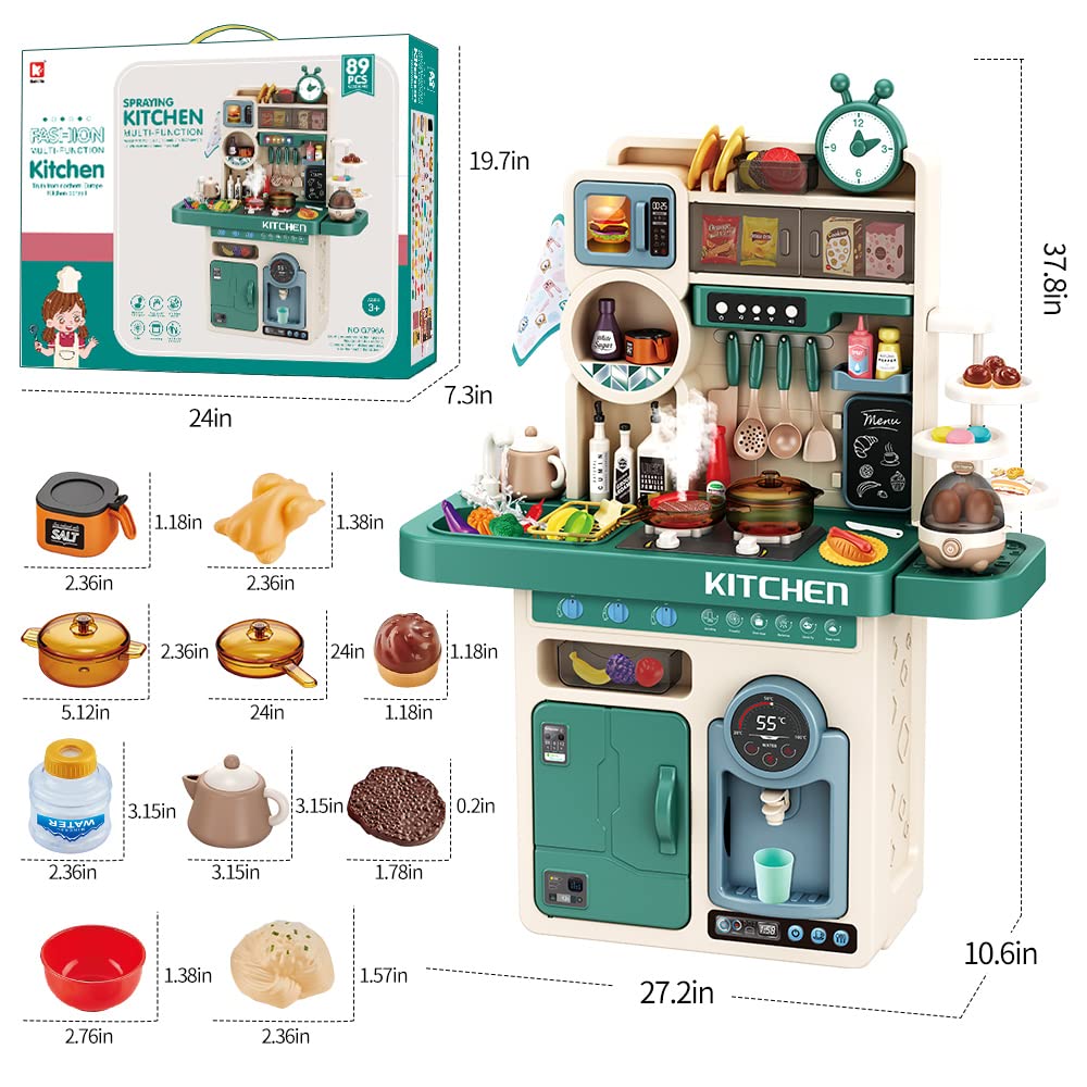 Deejoy 89 PCS Kitchen Playset, Kids Kitchen Toys with Realistic Lights and Sounds, Pretend Steam and Water Tank Functions, Kitch