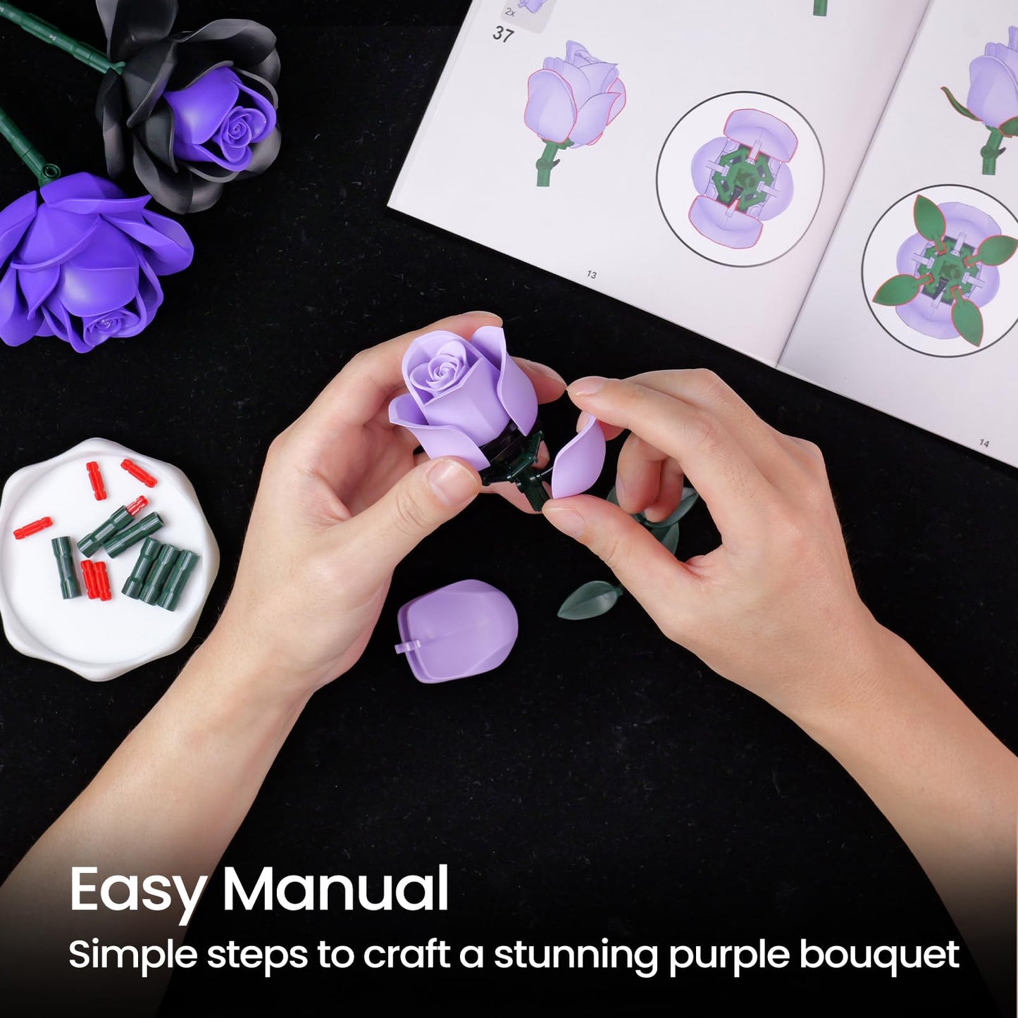 Purple Flower Bouquet Building Set, Rose Botanical Collection Blocks Kit Compatible With Lego For Adults Women, Artificial Flowe