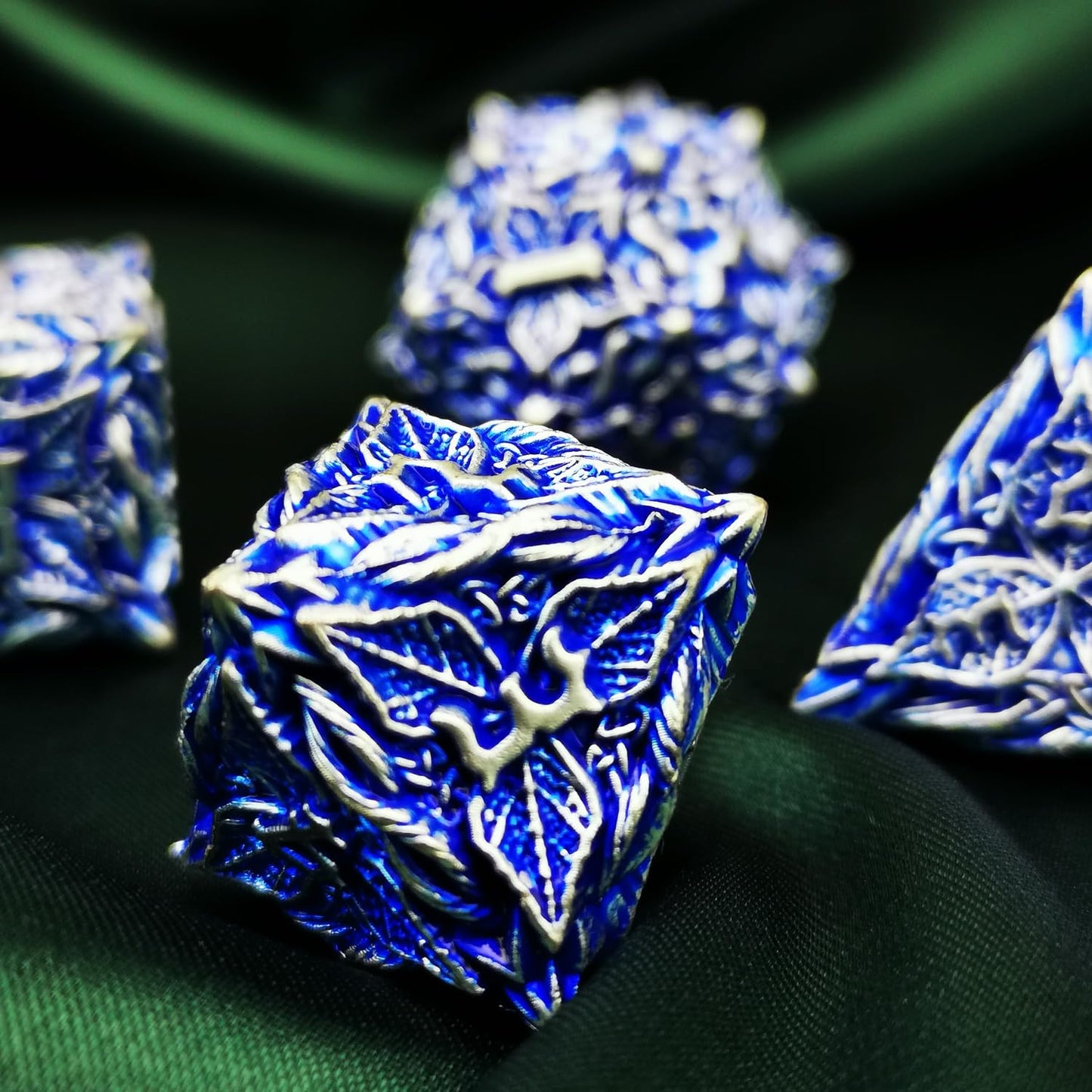 Mjdiceok Dnd Metal Dice Vine Leaf Set - 7 Role Playing Polyhedral D&D Solid Dungeons And Dragons Dice (Silver Blue)