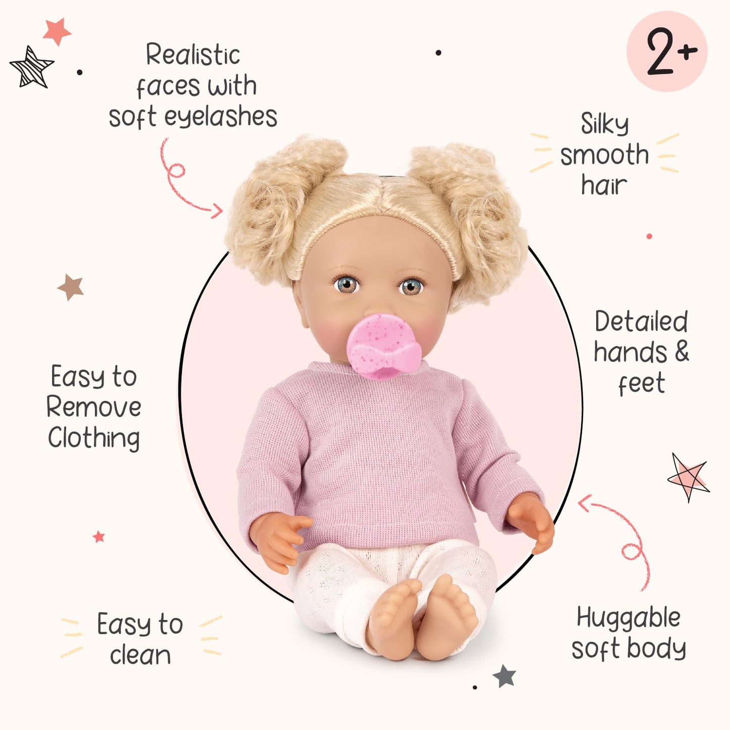 Lullababy - 14-Inch Realistic Baby Doll - Wavy Light-Blonde Hair, Blue Eyes & Soft Body - Pink Sweater Outfit, Hair Elastics & P