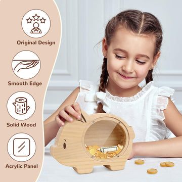 wooshwa Piggy Bank for Kids, Wooden Money Bank for Boys Girls Toddler, Unbreakable Bills and Coins Cash Box, Creative Saving Mon
