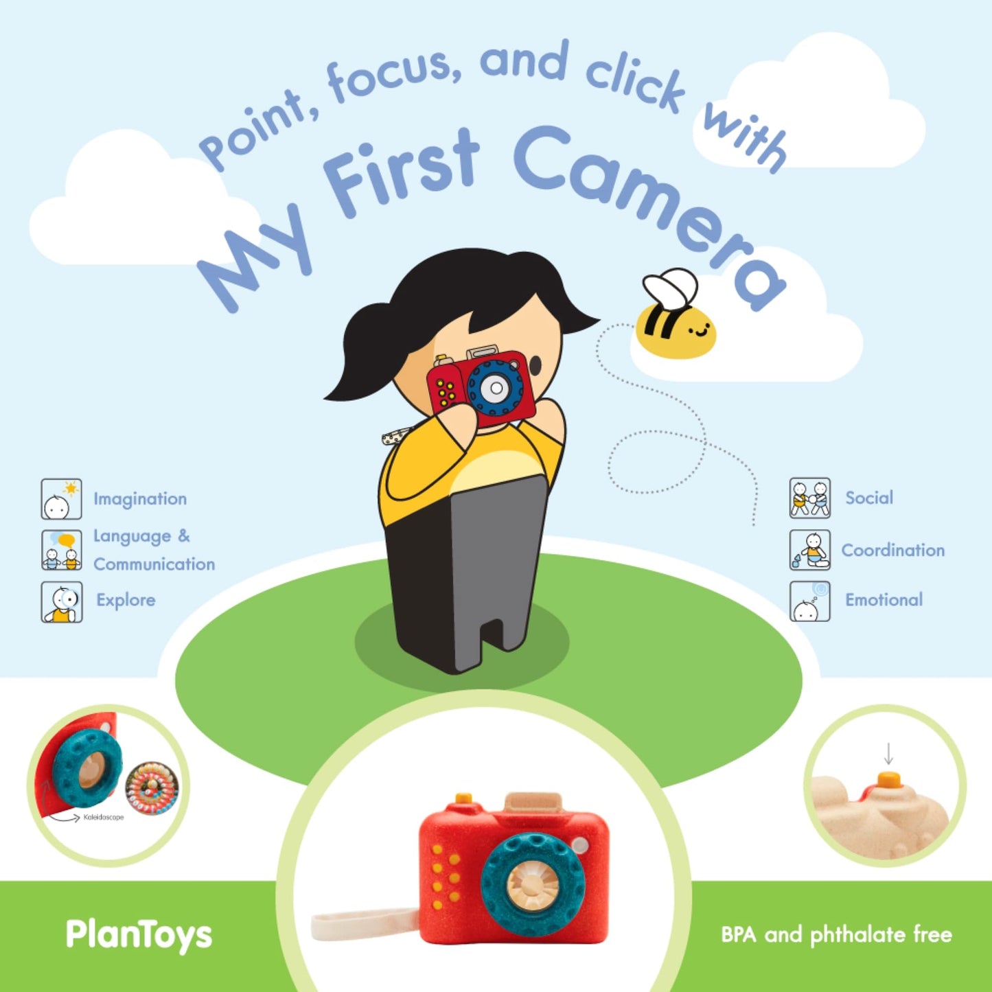 Plantoys My First Camera Toddler Toys With Adjustable Kaleidoscope Lens And Clickable Shutter, Sustainably-Made With Non Toxic M