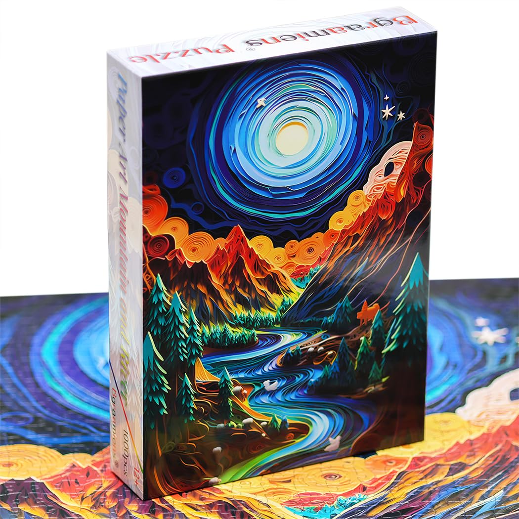 Bgraamiens Puzzle-Paper Quilling Mountains And Rivers-1000 Pieces Paper Quilling Art Puzzle Color Challenge Jigsaw Puzzles For Adults And Kids