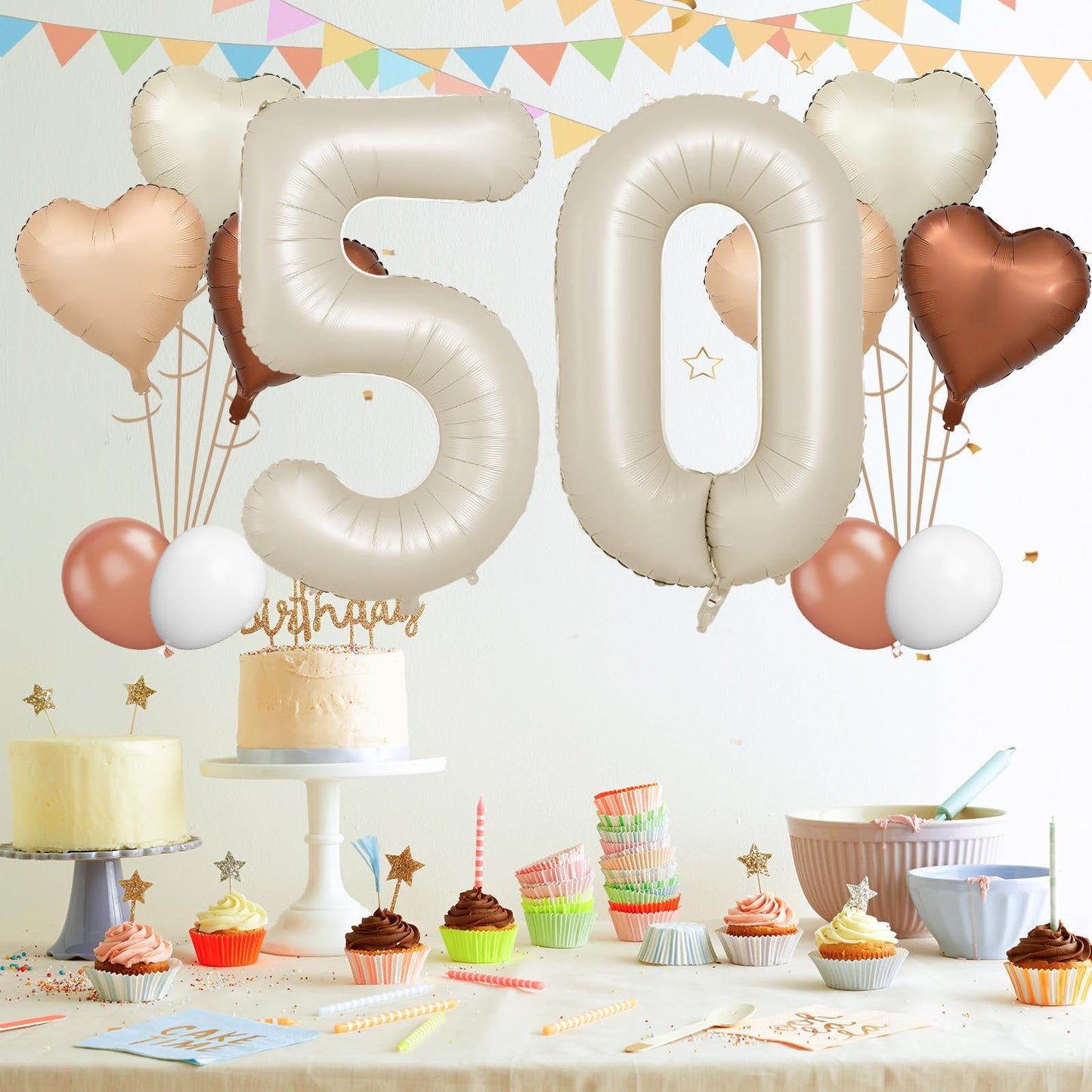 Biapian 40 Inch Cream Number 50 Balloons, 8Pcs Large Foil Number 5 & 0 Balloons With 18'' Cream White Heart Balloon For 50Th Yea