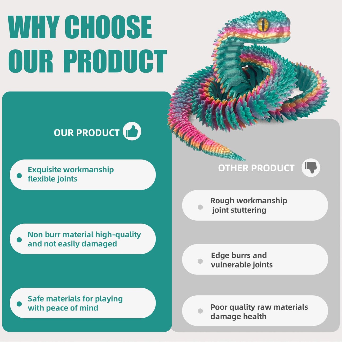 Binvin 24 In 3D Printed Animals-Snake Viper,3D Printed Snake Toys 3D Printed Articulated Snake 3D Printed Animals Animal Model O