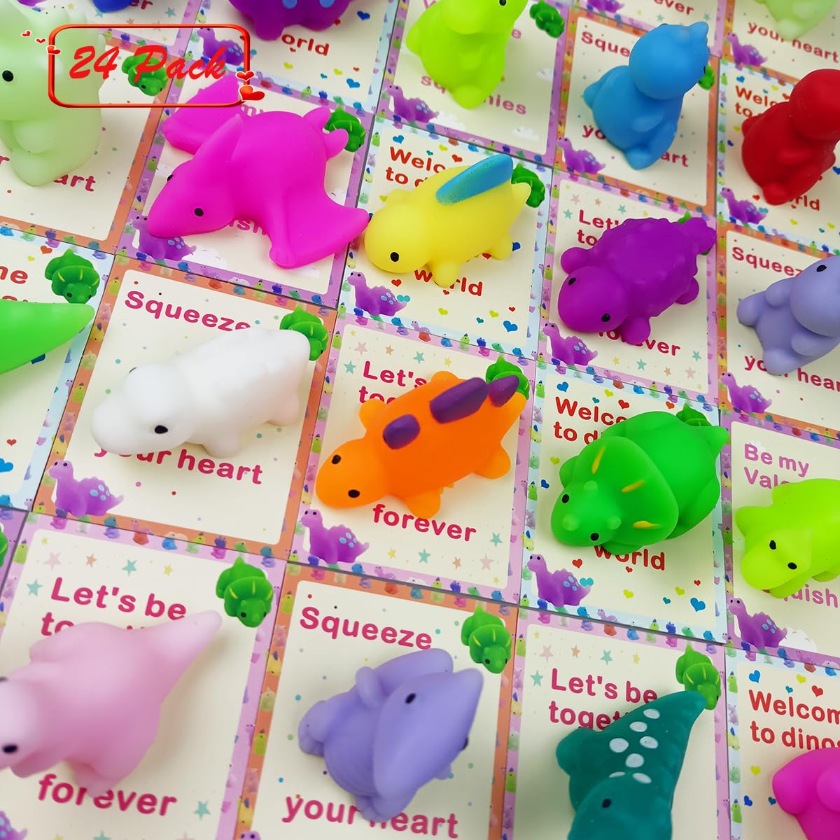 Pinkiwine 24 Pcs Valentines Cards With Dinosaur Mochi Squishy Toys Squishies For Kids School Class Classroom Valentines Prizes Party Favors Gifts