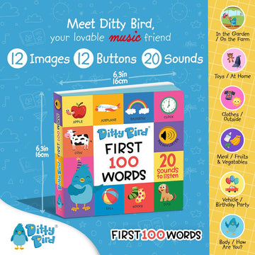 Ditty Bird Talking Books 100 Words | Fun Vocabulary & Speech Learning For Babies | Board Books For Toddlers 1-3 | Children'S Interactive Toddler Books With Great Pictures | Sturdy Baby Sound Books