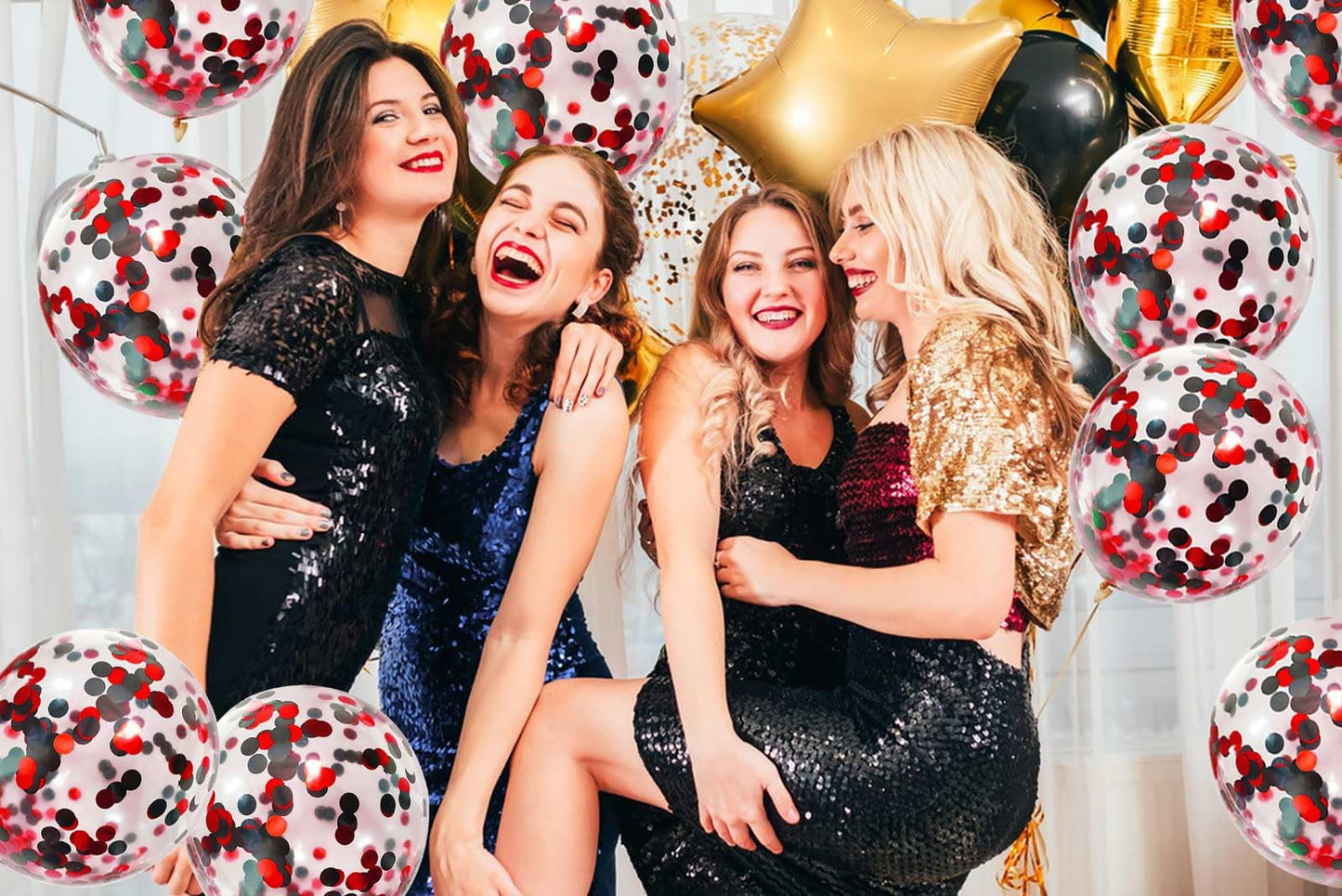50Pcs Black Red Foil Confetti Balloons,12 Inch Latex Balloon With Black Red Confetti Inside For Birthday Family Party Graduation Decorations