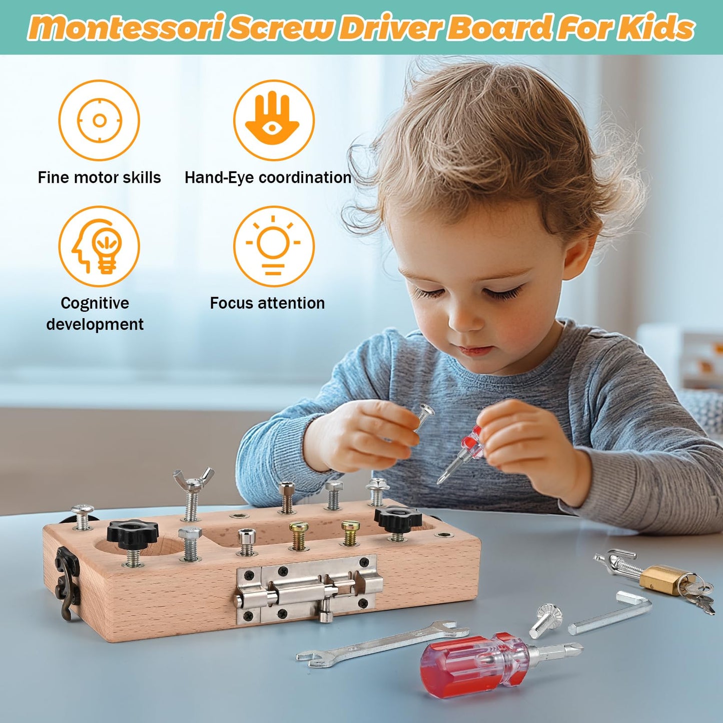 Wooderma Wooden Montessori Toys For 3 4 5 Year Old, Montessori Screwdriver Board Set With Lock And Key Toy, Educational Sensory