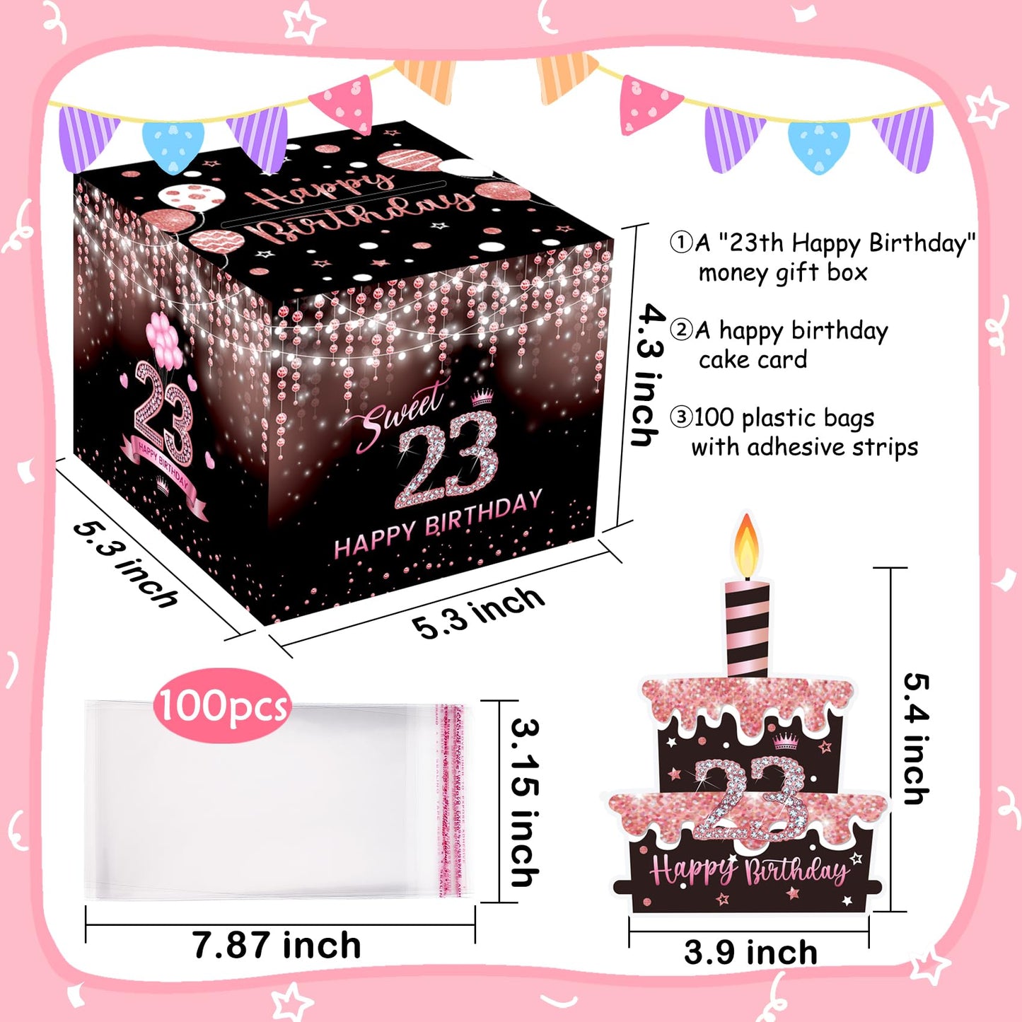 Meiidoshine Sweet 23Rd Birthday Money Box For Cash Gift, Surprise Pull Out Money Gift Box With 100Pcs Transparent Bags - Fun Way