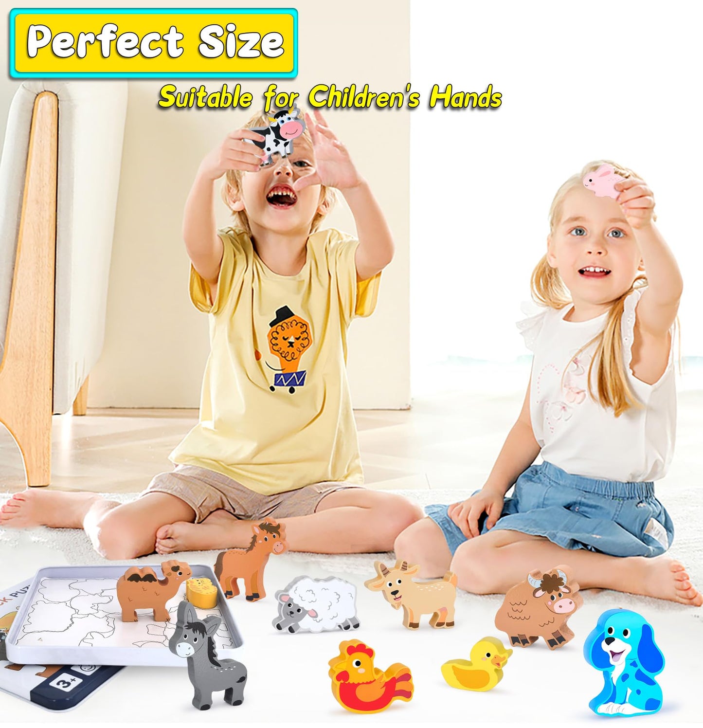 KECIABO Wooden Animal Puzzles Toys for Toddlers,12 Pcs Farm Animal Figures,Animal Matching Sorting Stacking Toys for Boys Child