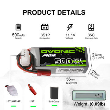 Ovonic 3S Lipo Battery 35C 500Mah 11.1V Lipo Battery With Jst Connector For Rc Airplane Helicopter Quadcopter Fpv Racing Drone(2