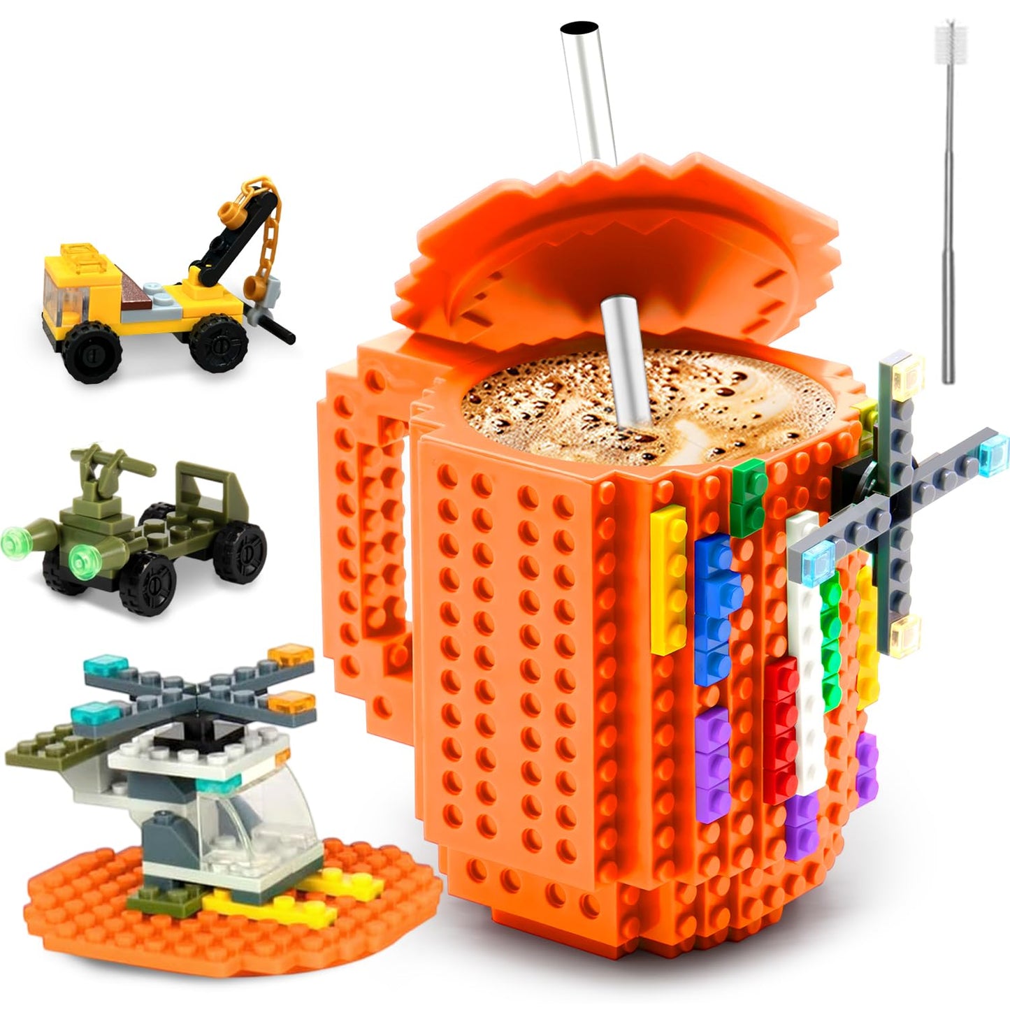 FUBARBAR Brick Coffee Mug - Funny Novelty Cup with Lid & Straw, Building Block Toy Mug, Gift Idea for Men/Women/Kids (Orange)