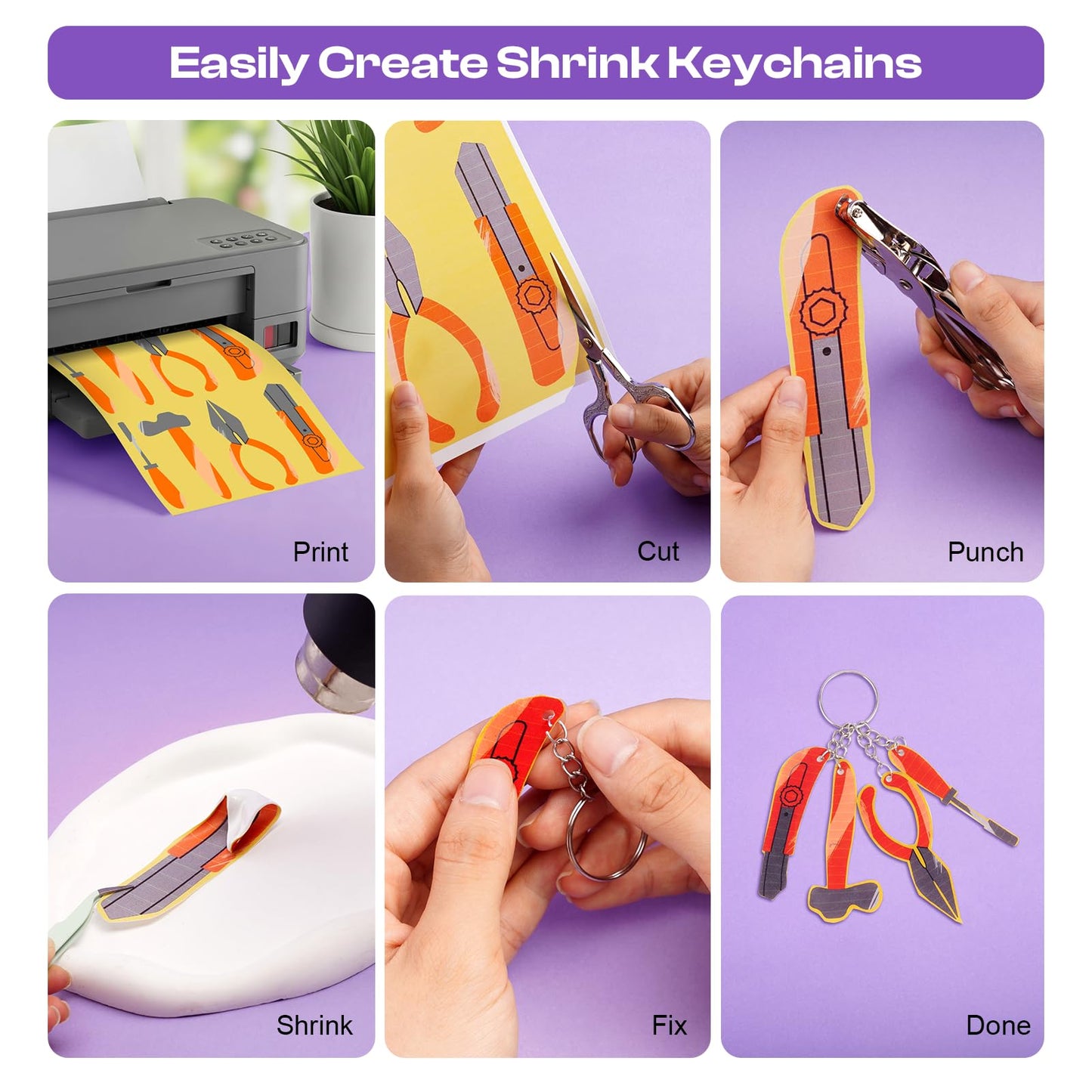 Ayfjovs 132 PCS Printable Shrink Paper Keychain Kit, Includes 12 Sheets White Printable Shrink Papers, 100 Jump Rings, 20 Key Ri