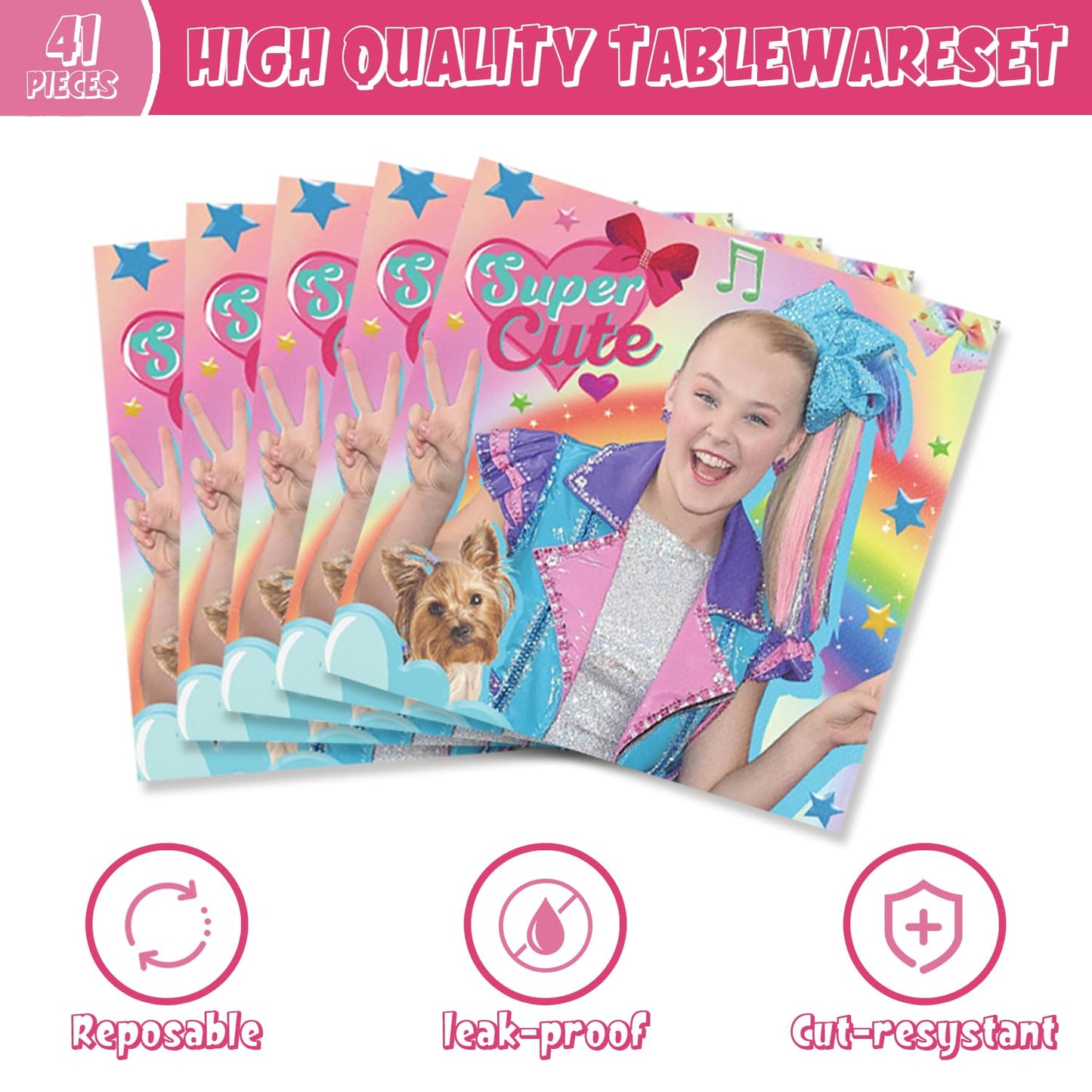 41pcs Jojo Siwas Party Supplies include 20 plates, 20 napkins 1 Tablecloth for the Jojo birthday party decoration
