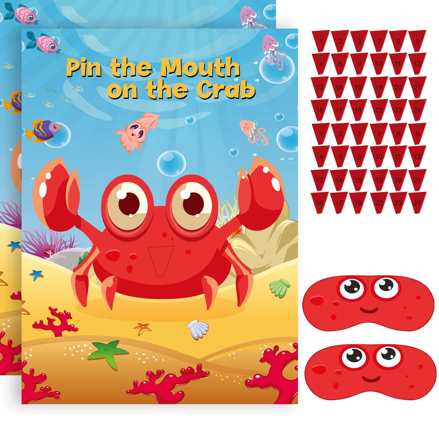 Neburora 2 Pack Pin The Mouth On The Crab Party Game 2 Large 21''X 28'' Posters With 48Pcs Stickers Ocean-Themed Birthday Party