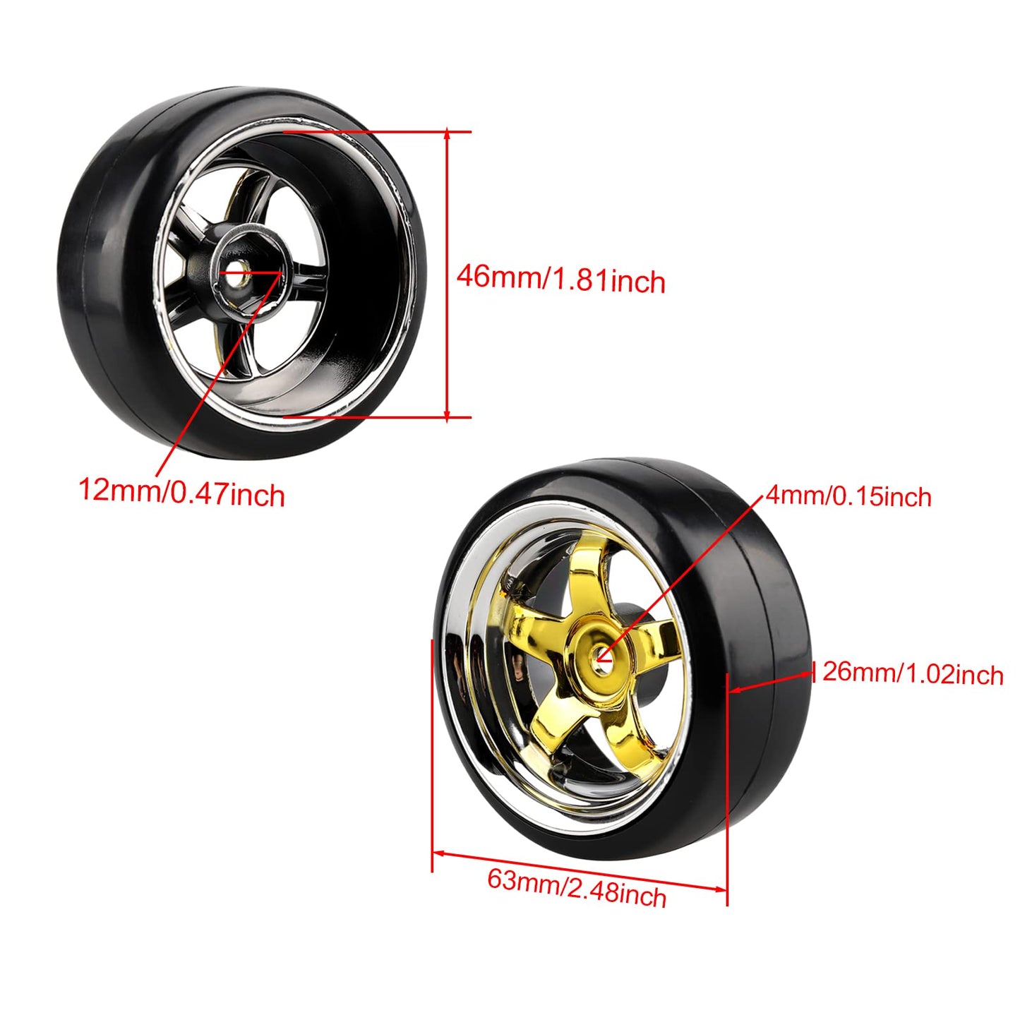 Shaluoman Plating 5-Spoke 12mm Hub Wheel Rims with Hard Plastic Tires for RC 1:10 Drift Car Gold
