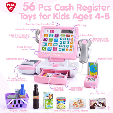 PLAY Kids Cash Register Toy - Pretend Play Calculator Register Toys with Microphone/Conveyors/Play Money/Scanner/Credit Card/Can