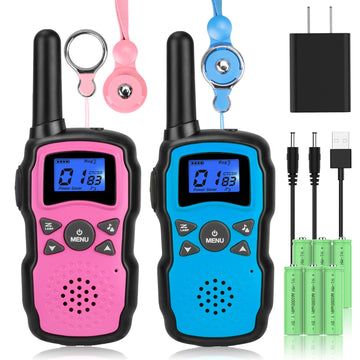 Wishouse Walkie Talkies For Kids Rechargeable Long Range,4 5 6 7 8 Year Old Boy Girl Birthday Gift,Camping Games Cool Toys Ideas For Children With 6000Mah Batteries,Flashlight,Lanyard,2 Pack Pink Blue