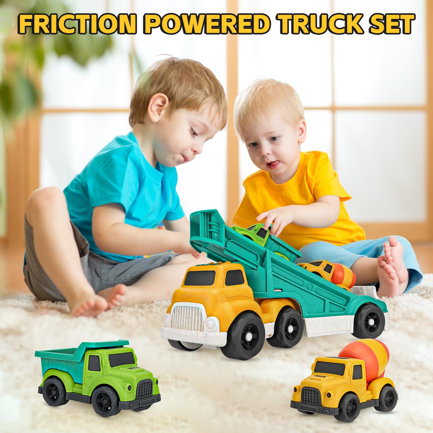 Toddler Trucks Toys 2-3, PVC, BPA Free Toy Cars for Toddlers 2-4 with Dump Truck, Mixer Cement, Construction Vehicle Toys Set fo