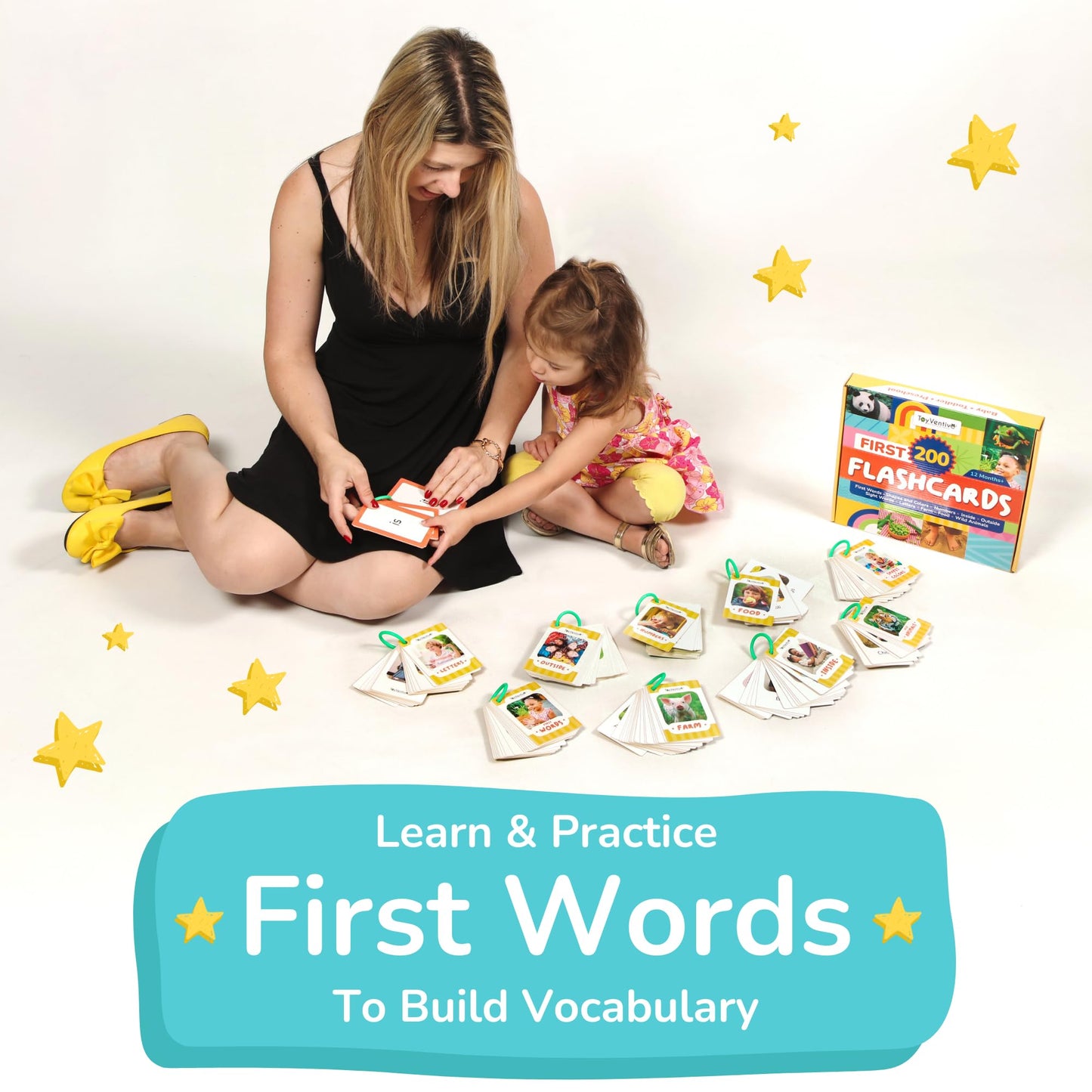 Toyventive First 200 Thick Toddler Flash Cards, 1 2 3 4 Year Old Letter, Number, Color, Animal, Baby Flash Cards Activities, Montessori Toys For Toddlers And Preschool, Toddler Learning Cards